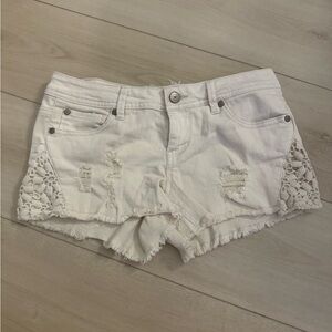 Altar'd State Off-White Jean Shorts with Lace/Embroidery Detailing